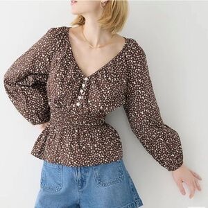 J. Crew‎ V Neck Smocked Waist Top in Mocha Floral Small